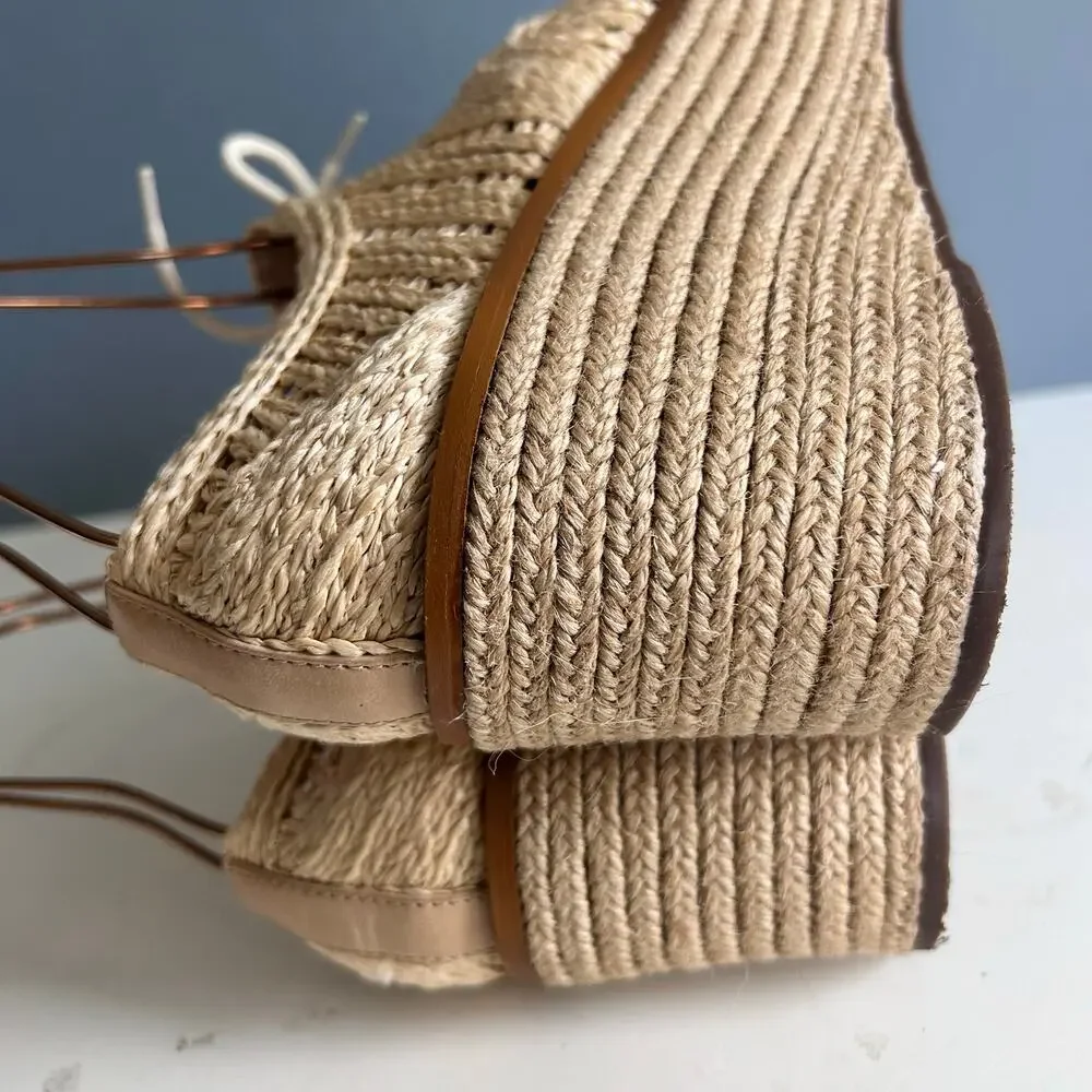 Schutz Platform Loafer wedge Size 8.5 tan Bordado rattan preppy Coastal - Picture 9 of 11